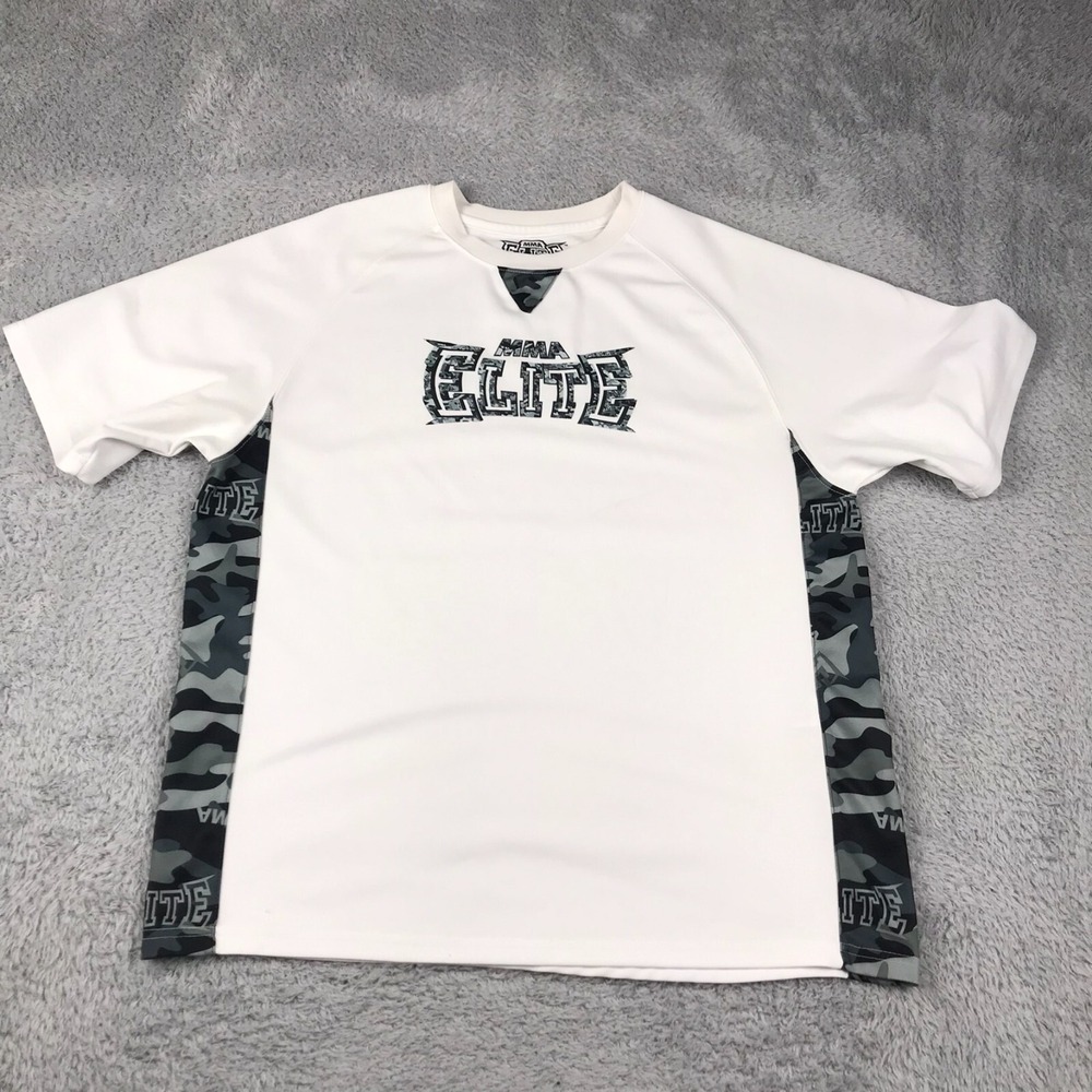 MMA Elite Shirt Mens M White Gray Camo Side Stripe Spellout Short Sleeve